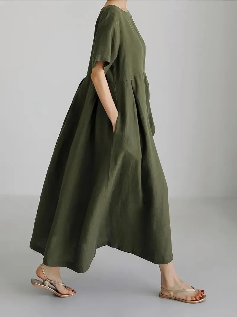 Akivide Women's Summer Flowy Cotton Linen Short Sleeve Maxi Dress Casual Plus Size Crewneck Beach Tshirt Dress with Pockets