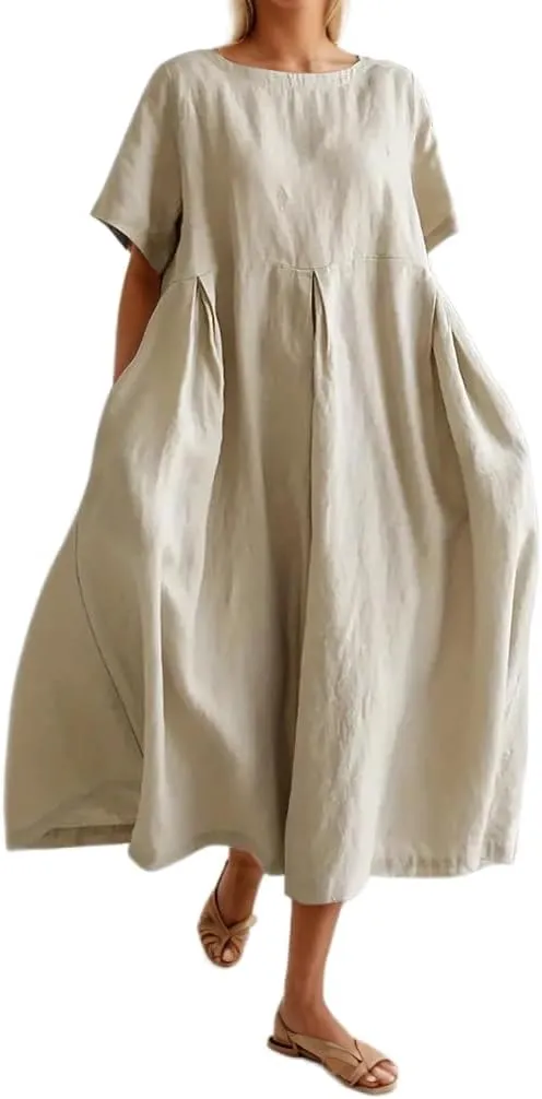 Akivide Women's Summer Flowy Cotton Linen Short Sleeve Maxi Dress Casual Plus Size Crewneck Beach Tshirt Dress with Pockets