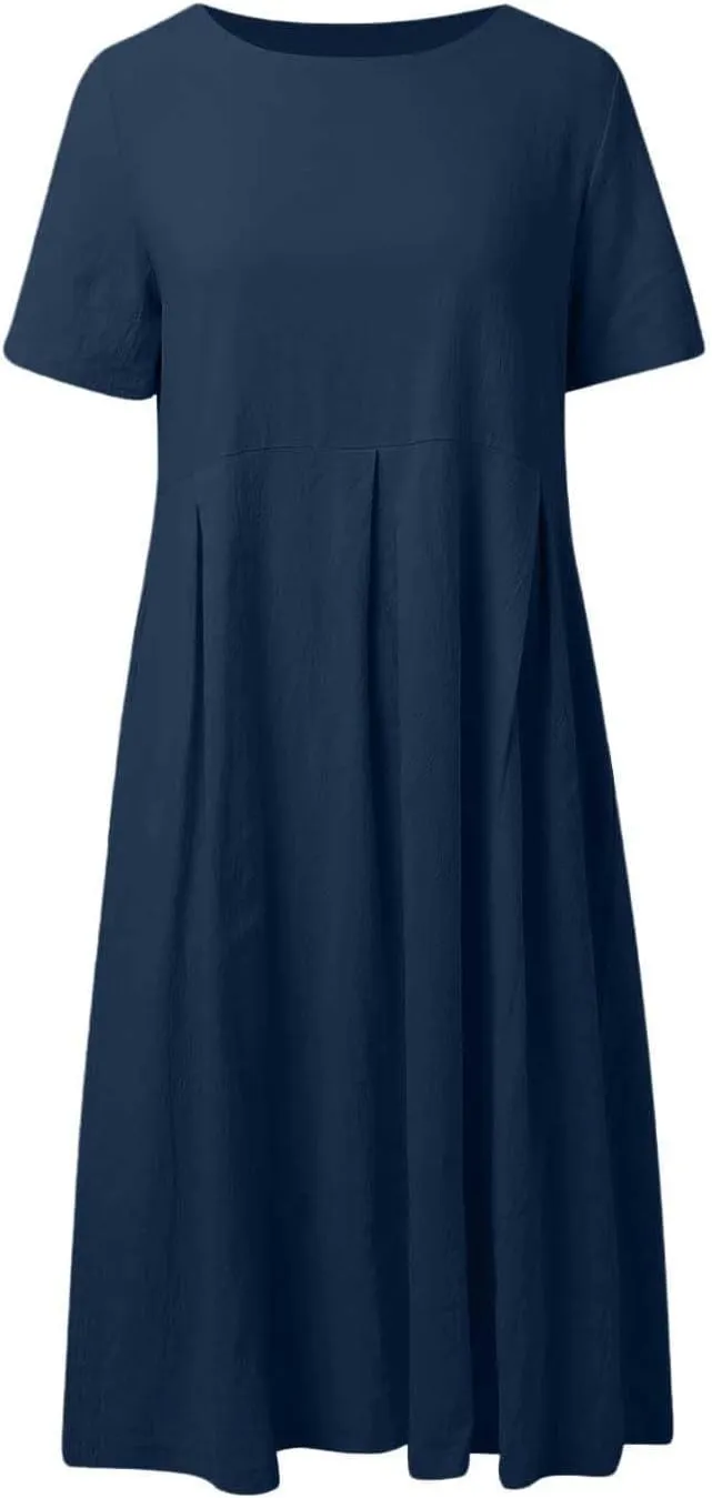 Akivide Women's Summer Flowy Cotton Linen Short Sleeve Maxi Dress Casual Plus Size Crewneck Beach Tshirt Dress with Pockets