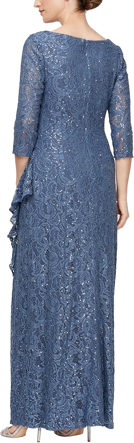 Alex Evenings Women's Long 3/4 Sleeve, Mother of The Bride Dress W/Cascade Ruffle and Front Slit, (Petite and Regular Sizes)