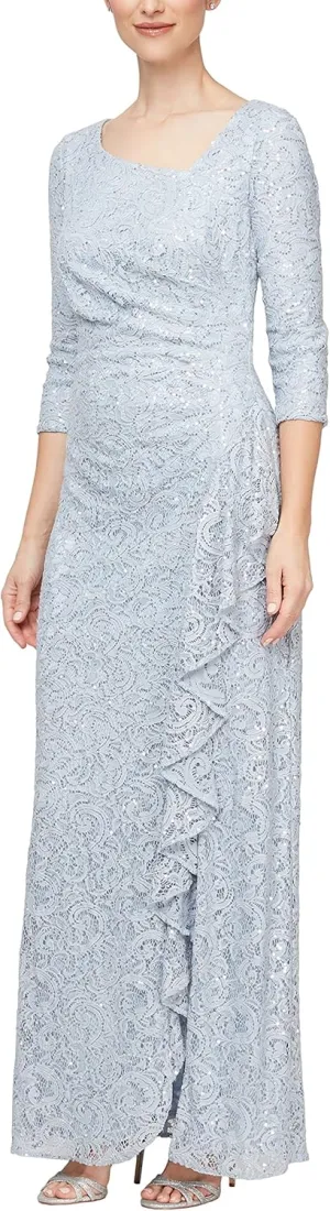 Alex Evenings Women's Long 3/4 Sleeve, Mother of The Bride Dress W/Cascade Ruffle and Front Slit, (Petite and Regular Sizes)