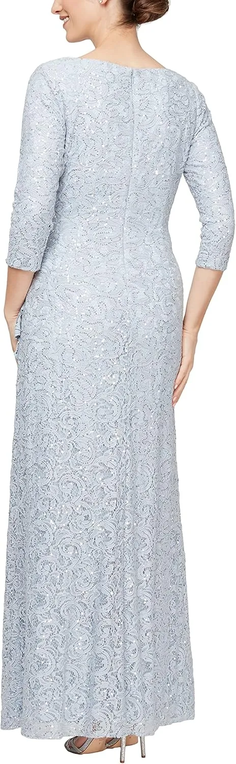 Alex Evenings Women's Long 3/4 Sleeve, Mother of The Bride Dress W/Cascade Ruffle and Front Slit, (Petite and Regular Sizes)
