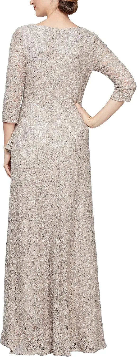 Alex Evenings Women's Long 3/4 Sleeve, Mother of The Bride Dress W/Cascade Ruffle and Front Slit, (Petite and Regular Sizes)