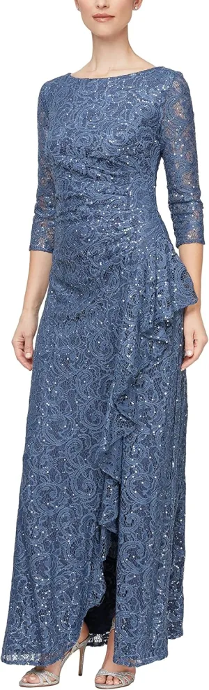 Alex Evenings Women's Long 3/4 Sleeve, Mother of The Bride Dress W/Cascade Ruffle and Front Slit, (Petite and Regular Sizes)