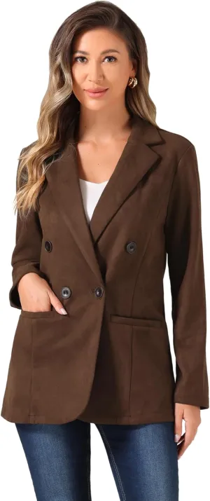 Allegra K Faux Suede Blazer for Women's Business Casual Lapel Collar Double Breasted Suit Jacket