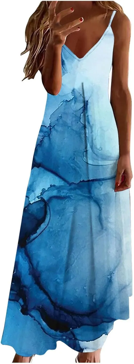 Amazon outlets Store Women's Summer Spaghetti Strap Elegant Long Dresses Plus Size Vacation Flowy Beach Dress Loose Floor Length Dress Dresses for Women 2024 Blue M