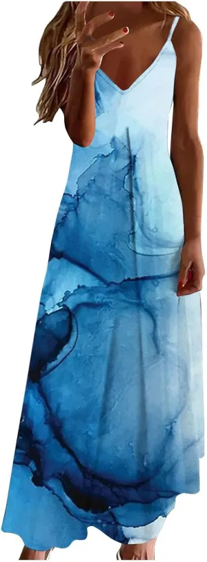 Amazon outlets Store Women's Summer Spaghetti Strap Elegant Long Dresses Plus Size Vacation Flowy Beach Dress Loose Floor Length Dress Dresses for Women 2024 Blue M
