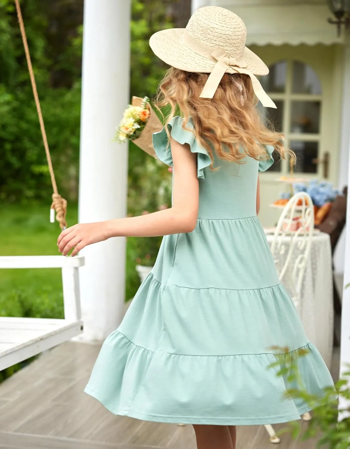Arshiner Girl's Summer Dresses Ruffle Sleeve Tiered Swing Midi Casual Sundress with Pockets