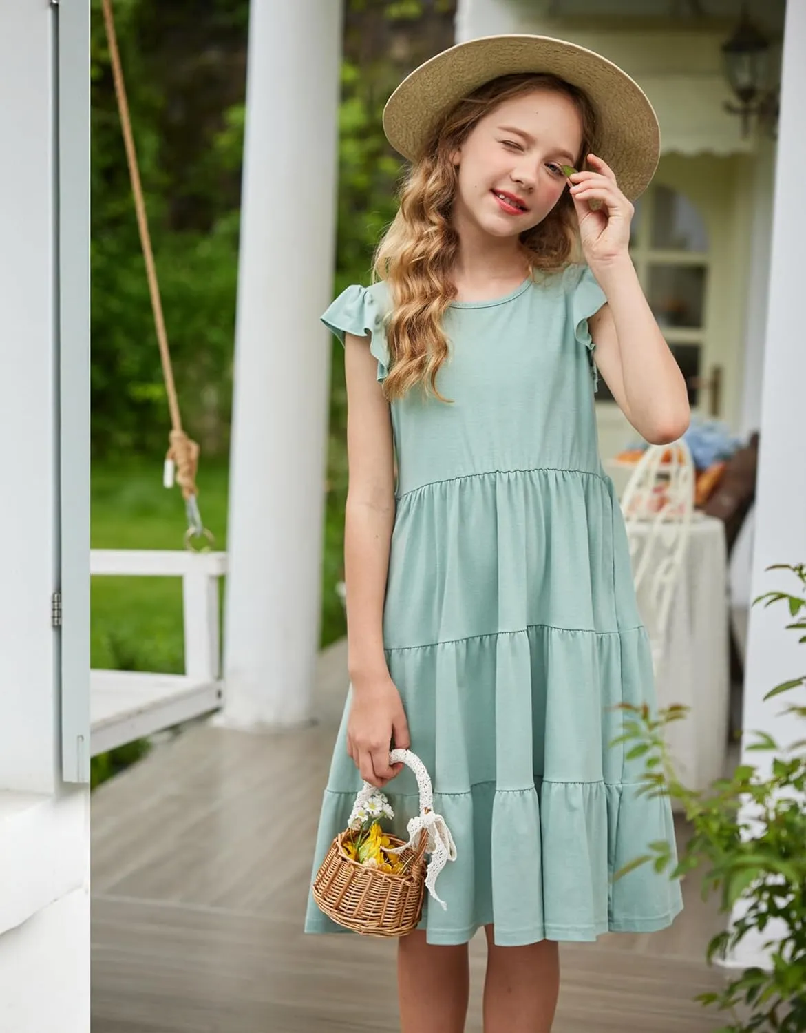Arshiner Girl's Summer Dresses Ruffle Sleeve Tiered Swing Midi Casual Sundress with Pockets