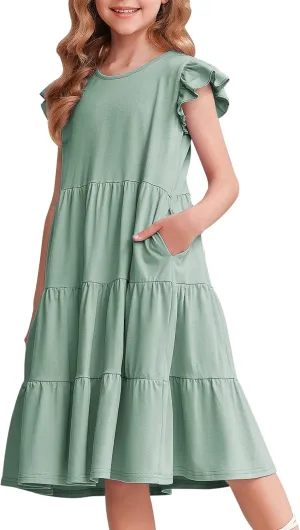 Arshiner Girl's Summer Dresses Ruffle Sleeve Tiered Swing Midi Casual Sundress with Pockets