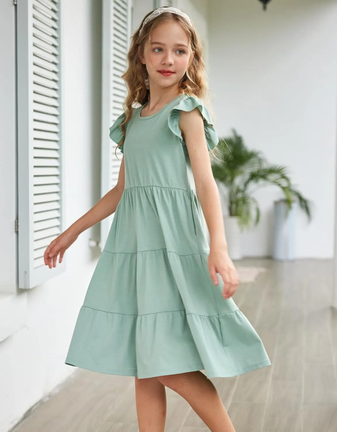 Arshiner Girl's Summer Dresses Ruffle Sleeve Tiered Swing Midi Casual Sundress with Pockets
