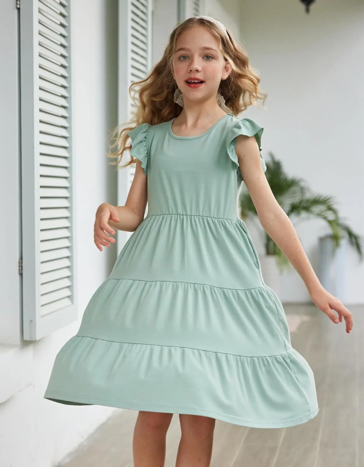 Arshiner Girl's Summer Dresses Ruffle Sleeve Tiered Swing Midi Casual Sundress with Pockets