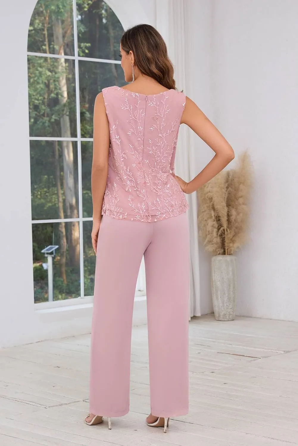 AUMEELAM Chiffon Mother of The Bride Pant Suits 3PCS Wedding Formal Outfit Set Sequin Lace Evening Gown for Women