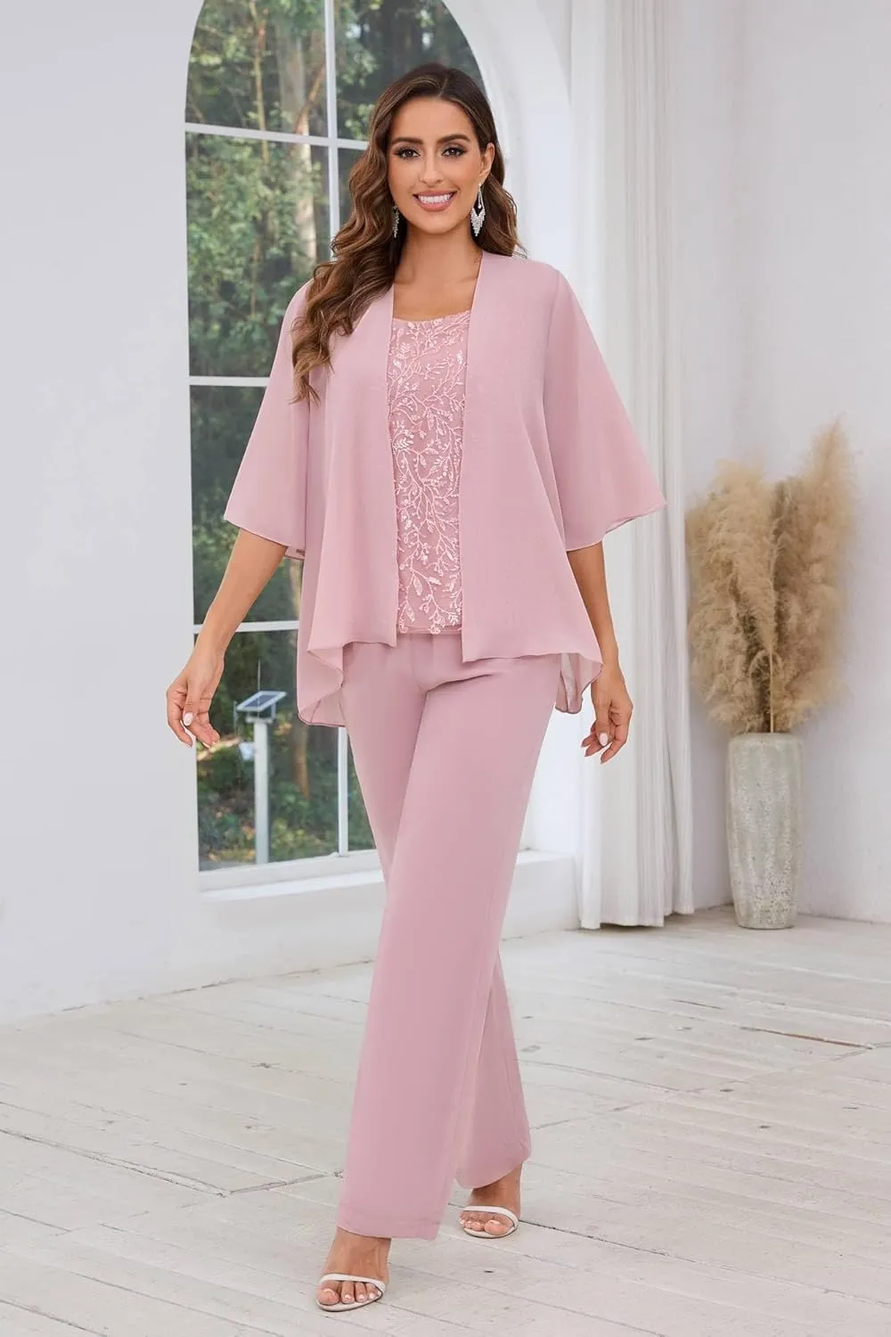 AUMEELAM Chiffon Mother of The Bride Pant Suits 3PCS Wedding Formal Outfit Set Sequin Lace Evening Gown for Women