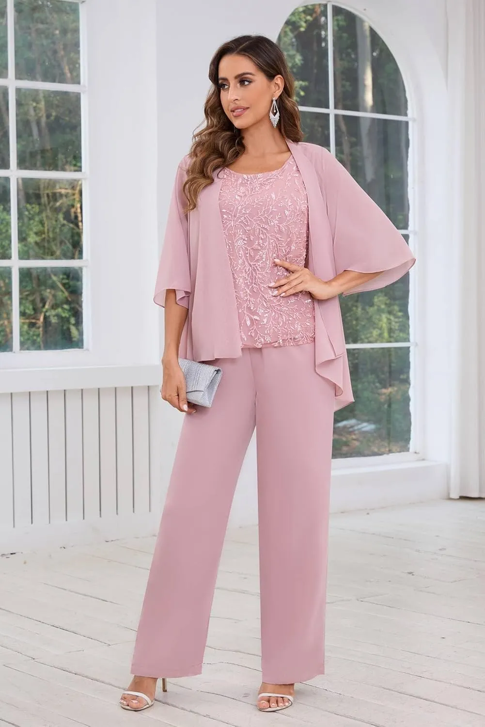 AUMEELAM Chiffon Mother of The Bride Pant Suits 3PCS Wedding Formal Outfit Set Sequin Lace Evening Gown for Women