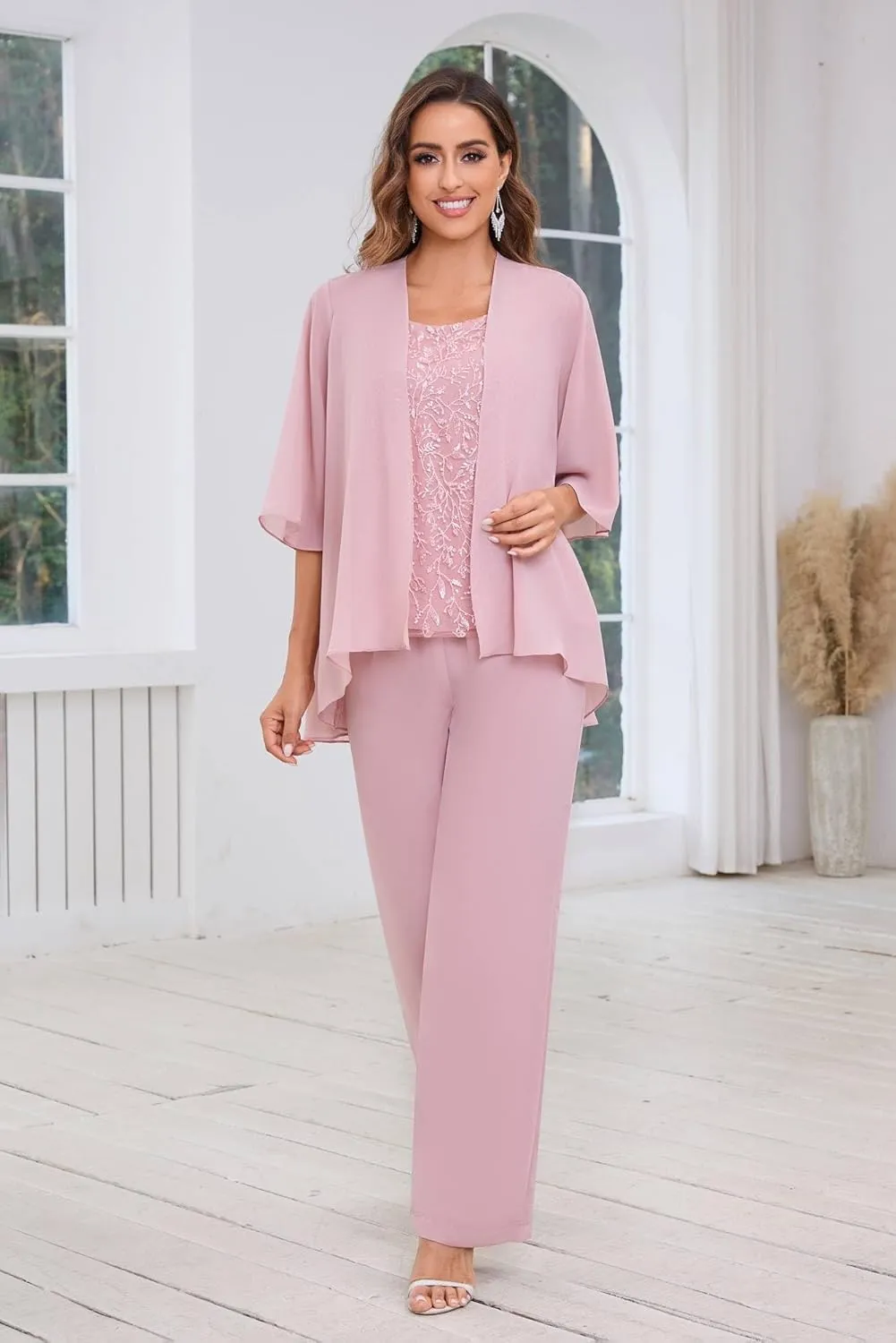 AUMEELAM Chiffon Mother of The Bride Pant Suits 3PCS Wedding Formal Outfit Set Sequin Lace Evening Gown for Women