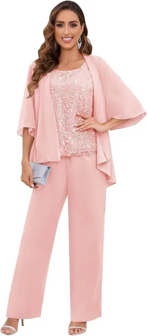 AUMEELAM Chiffon Mother of The Bride Pant Suits 3PCS Wedding Formal Outfit Set Sequin Lace Evening Gown for Women