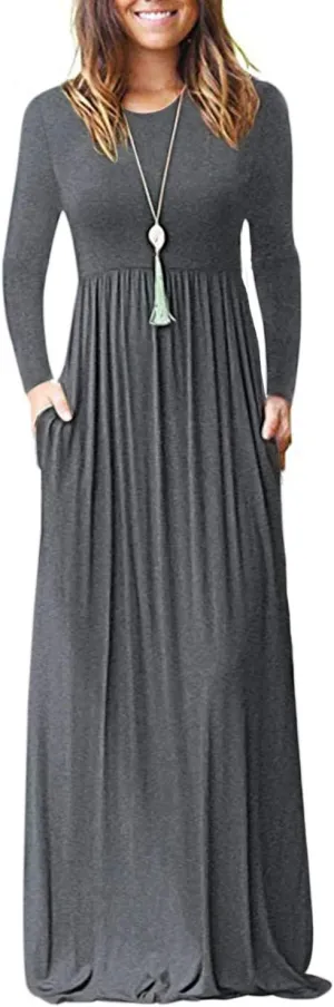 AUSELILY Women's Long Sleeve Dress Loose Plain Long Casual Maxi Dresses with Pockets 2025 New