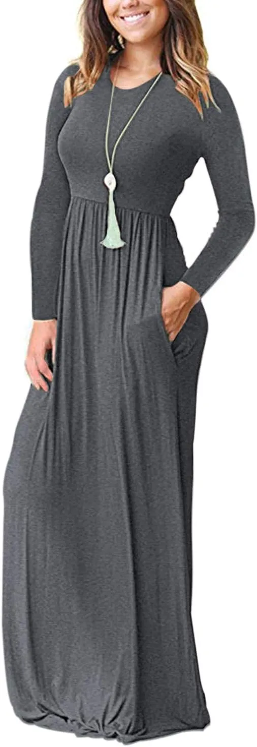 AUSELILY Women's Long Sleeve Dress Loose Plain Long Casual Maxi Dresses with Pockets 2025 New