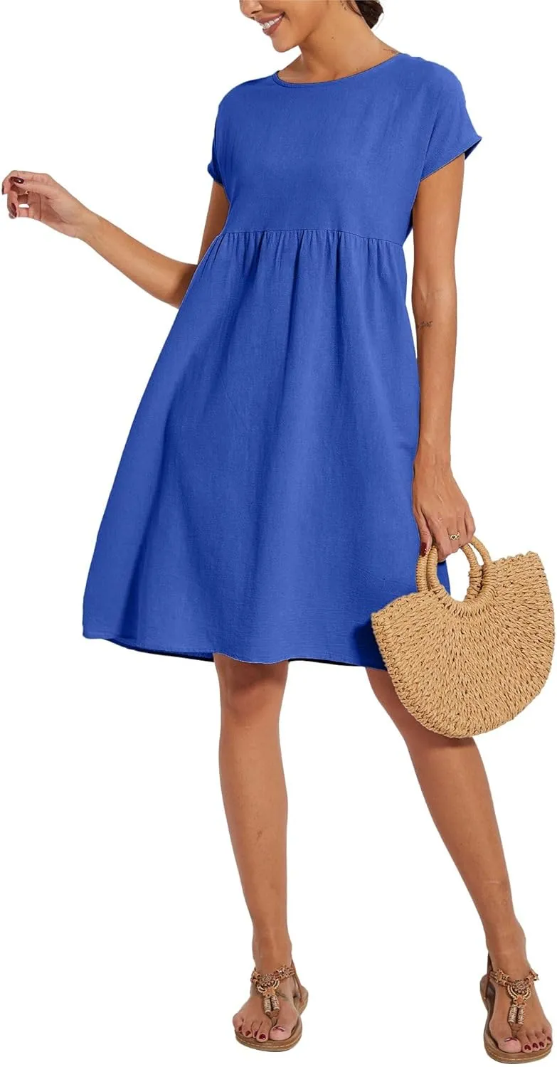 Baggy Crew Neck Dress for Women Summer Casual Comfy Cotton Short Sleeve Tunic Beach Midi Dresses with Pockets