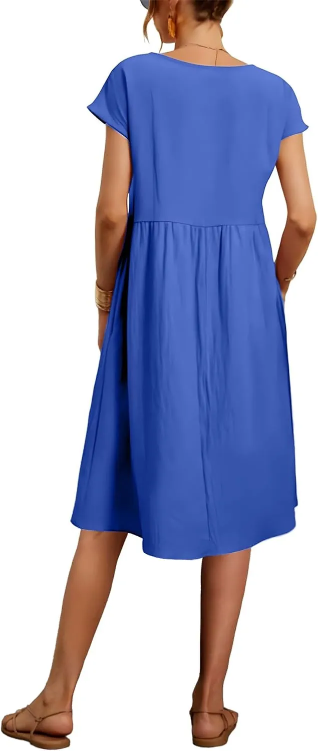 Baggy Crew Neck Dress for Women Summer Casual Comfy Cotton Short Sleeve Tunic Beach Midi Dresses with Pockets