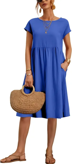 Baggy Crew Neck Dress for Women Summer Casual Comfy Cotton Short Sleeve Tunic Beach Midi Dresses with Pockets