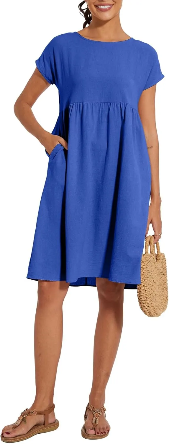 Baggy Crew Neck Dress for Women Summer Casual Comfy Cotton Short Sleeve Tunic Beach Midi Dresses with Pockets