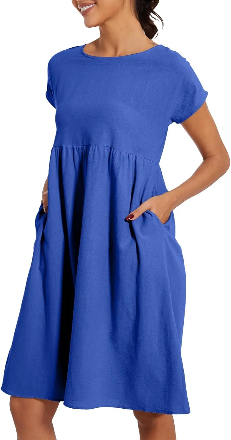 Baggy Crew Neck Dress for Women Summer Casual Comfy Cotton Short Sleeve Tunic Beach Midi Dresses with Pockets