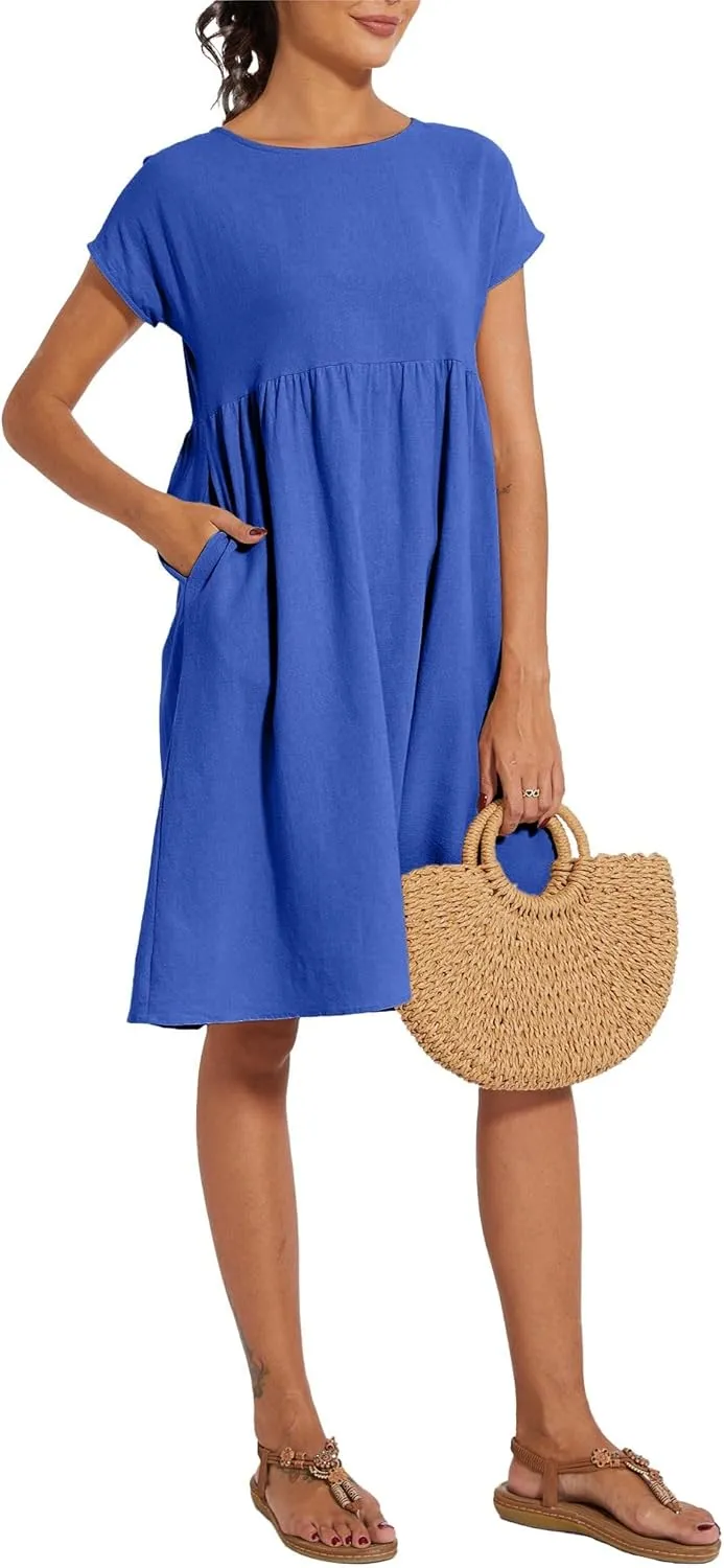 Baggy Crew Neck Dress for Women Summer Casual Comfy Cotton Short Sleeve Tunic Beach Midi Dresses with Pockets