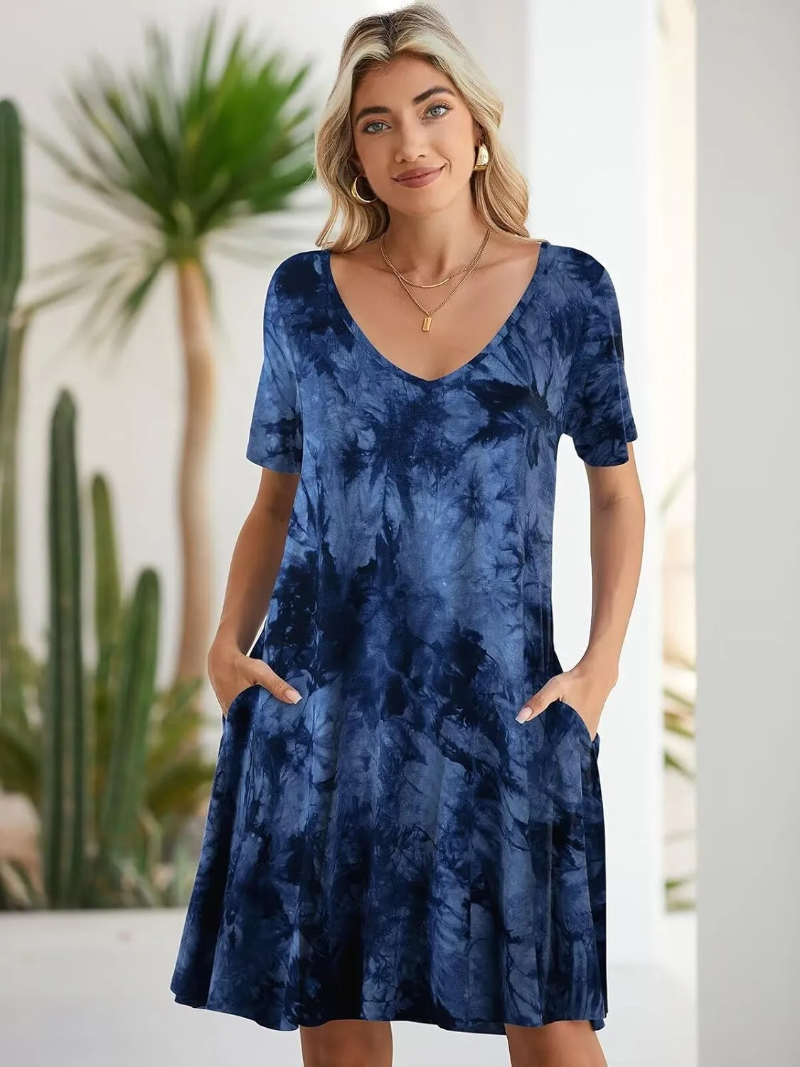 BELAROI Women Casual Summer Dresses Loose Tshirt Beach Sundress V Neck Plus Size Swing Tunic Pockets