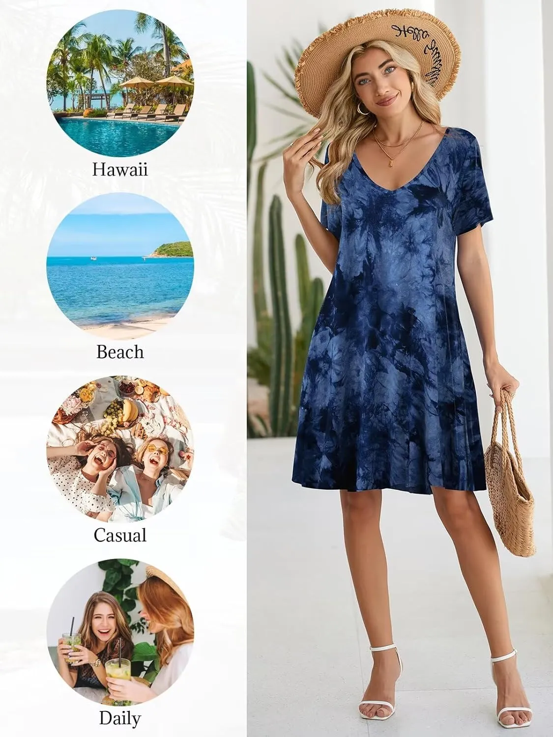 BELAROI Women Casual Summer Dresses Loose Tshirt Beach Sundress V Neck Plus Size Swing Tunic Pockets