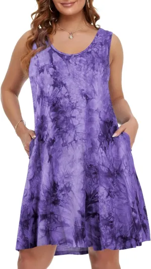 BELAROI Women Plus Size Sundress Summer Casual Sleeveless Tshirt Dress Tie Dye Swing Tank Dresses with Pockets Beach Cover up