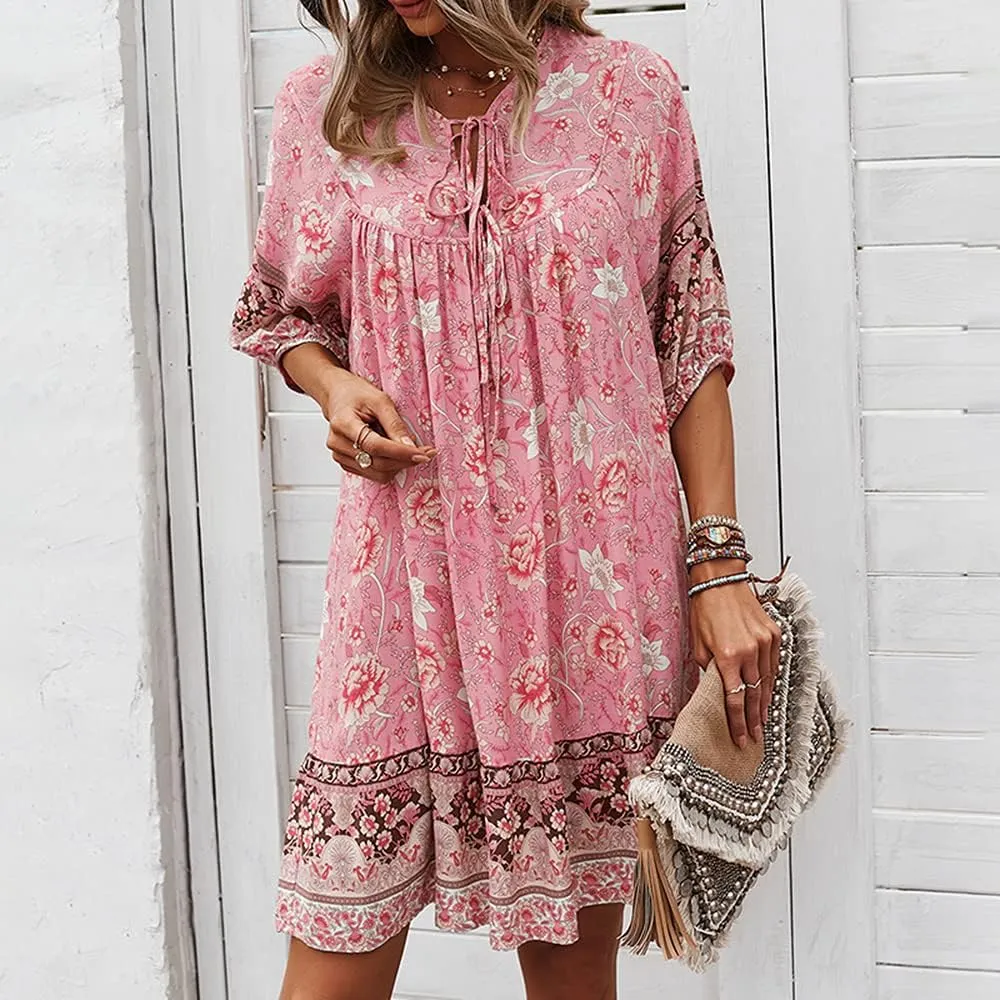 Bengbobar Women's Short Sleeve Floral Print Retro V Neck Casual Loose Bohemian Midi Dresses