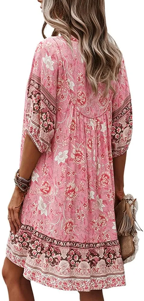Bengbobar Women's Short Sleeve Floral Print Retro V Neck Casual Loose Bohemian Midi Dresses