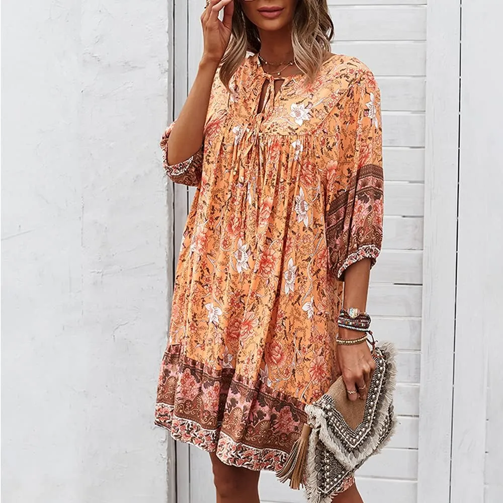 Bengbobar Women's Short Sleeve Floral Print Retro V Neck Casual Loose Bohemian Midi Dresses