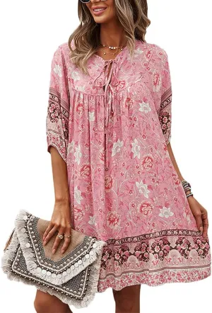 Bengbobar Women's Short Sleeve Floral Print Retro V Neck Casual Loose Bohemian Midi Dresses