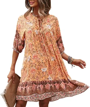 Bengbobar Women's Short Sleeve Floral Print Retro V Neck Casual Loose Bohemian Midi Dresses