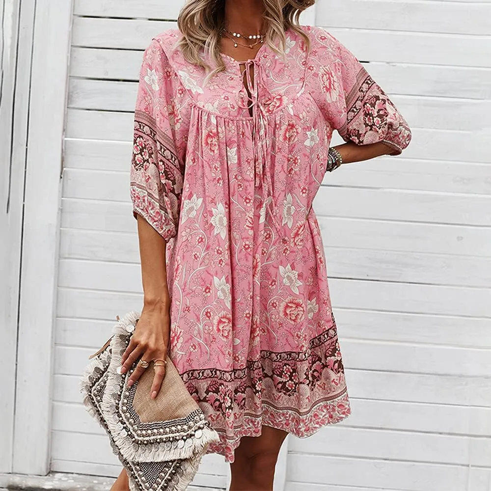 Bengbobar Women's Short Sleeve Floral Print Retro V Neck Casual Loose Bohemian Midi Dresses