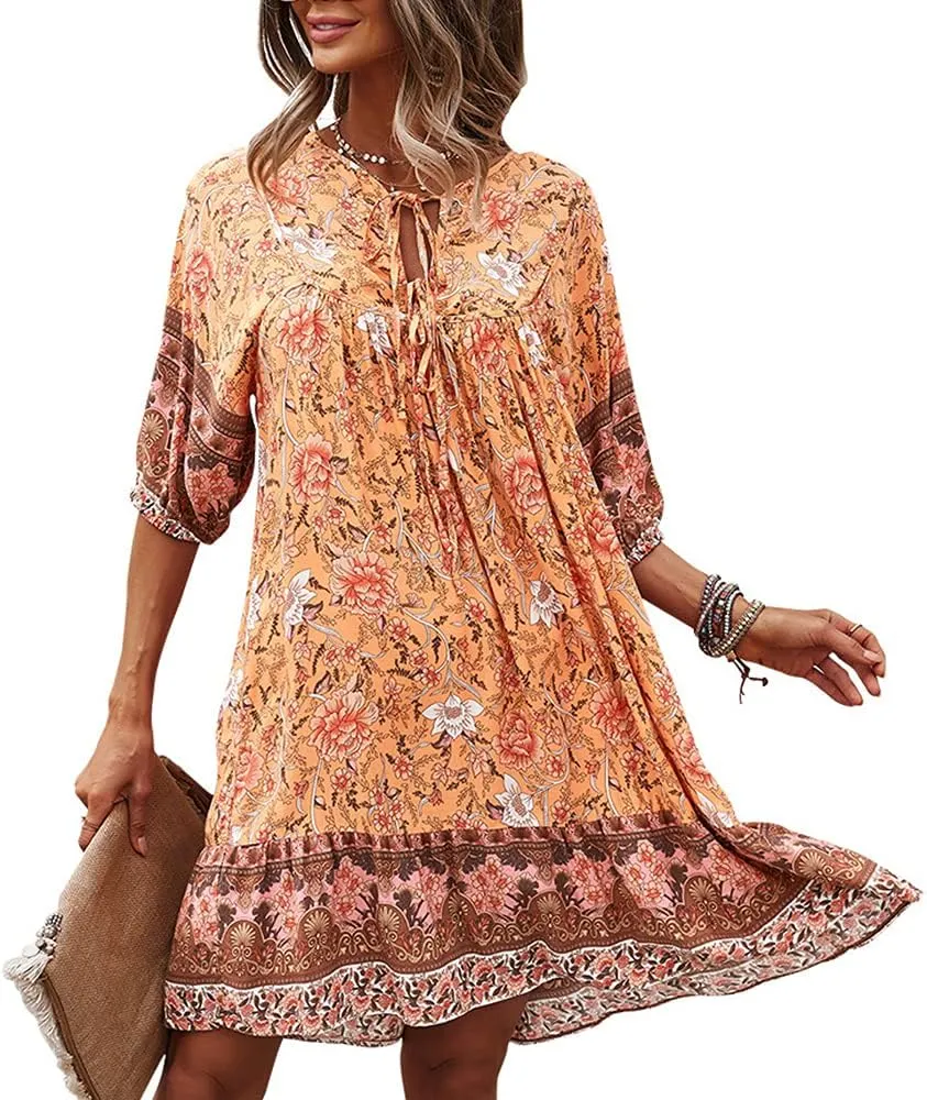 Bengbobar Women's Short Sleeve Floral Print Retro V Neck Casual Loose Bohemian Midi Dresses
