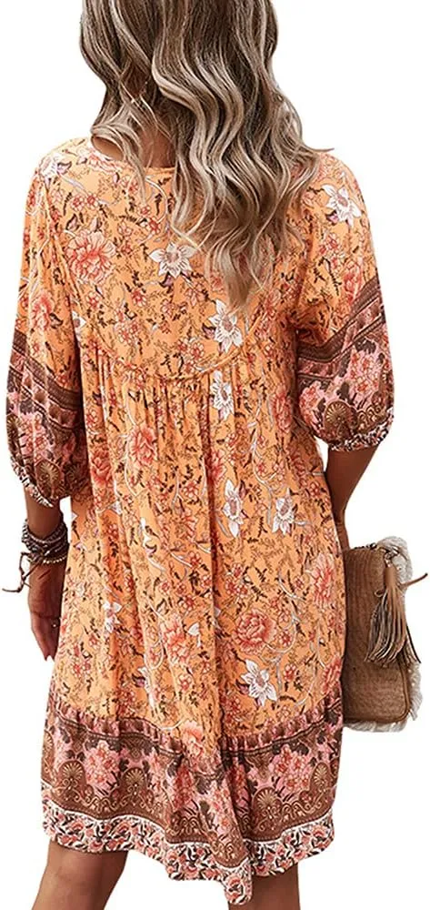 Bengbobar Women's Short Sleeve Floral Print Retro V Neck Casual Loose Bohemian Midi Dresses
