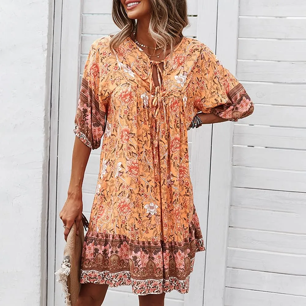 Bengbobar Women's Short Sleeve Floral Print Retro V Neck Casual Loose Bohemian Midi Dresses