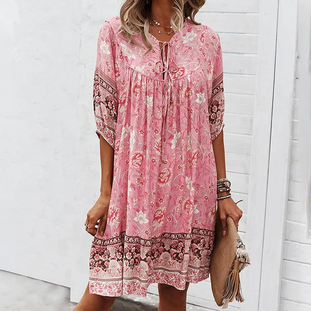 Bengbobar Women's Short Sleeve Floral Print Retro V Neck Casual Loose Bohemian Midi Dresses