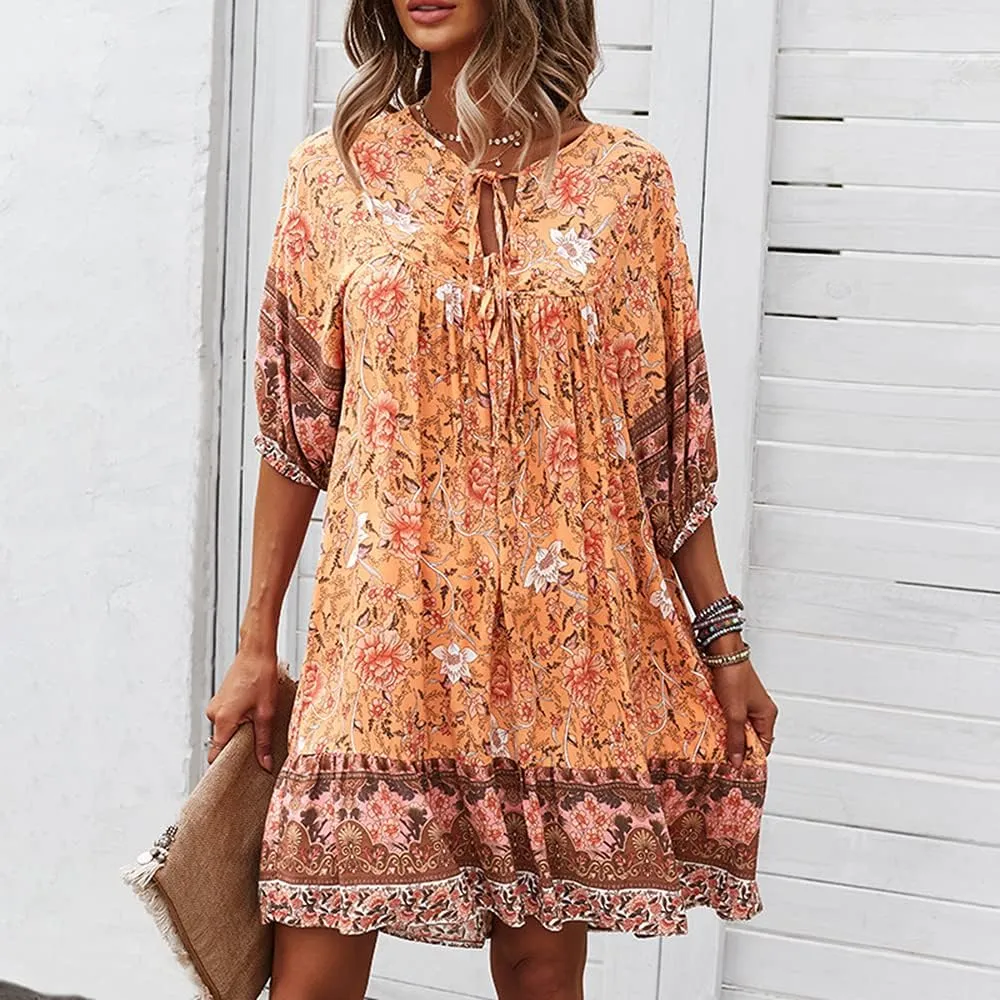 Bengbobar Women's Short Sleeve Floral Print Retro V Neck Casual Loose Bohemian Midi Dresses