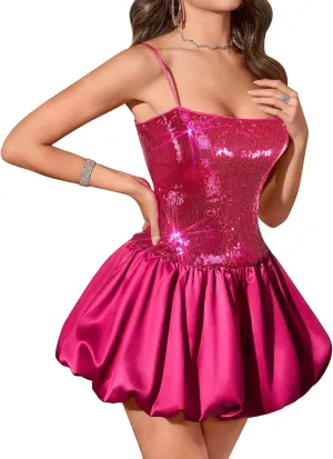 BeryLove Women's Sequin Short Prom Bubble Dress Sparkly Spaghetti Strap Cocktail Party Mini Dresses