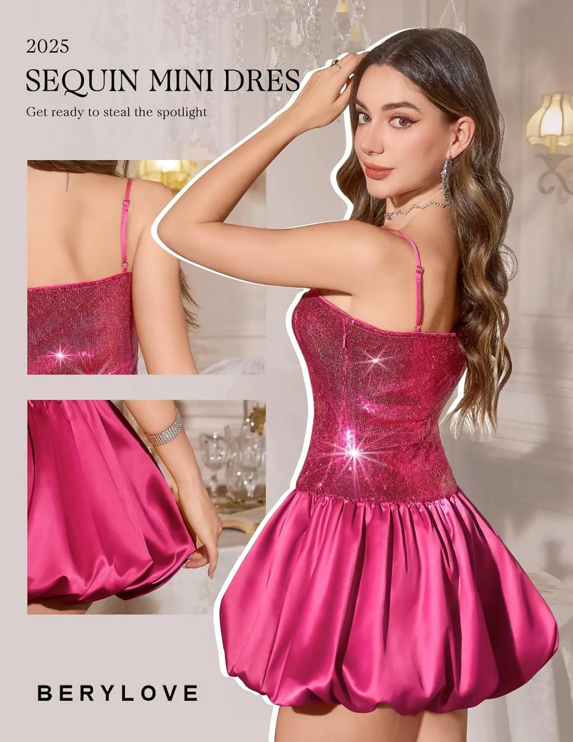 BeryLove Women's Sequin Short Prom Bubble Dress Sparkly Spaghetti Strap Cocktail Party Mini Dresses