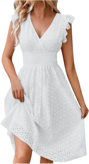 Binmer Women Summer Casual Sleeveless Dress Elastic Smocked Waist Wrap V Neck Sundress Hollow Out Eyelet Swing Beach Dresses