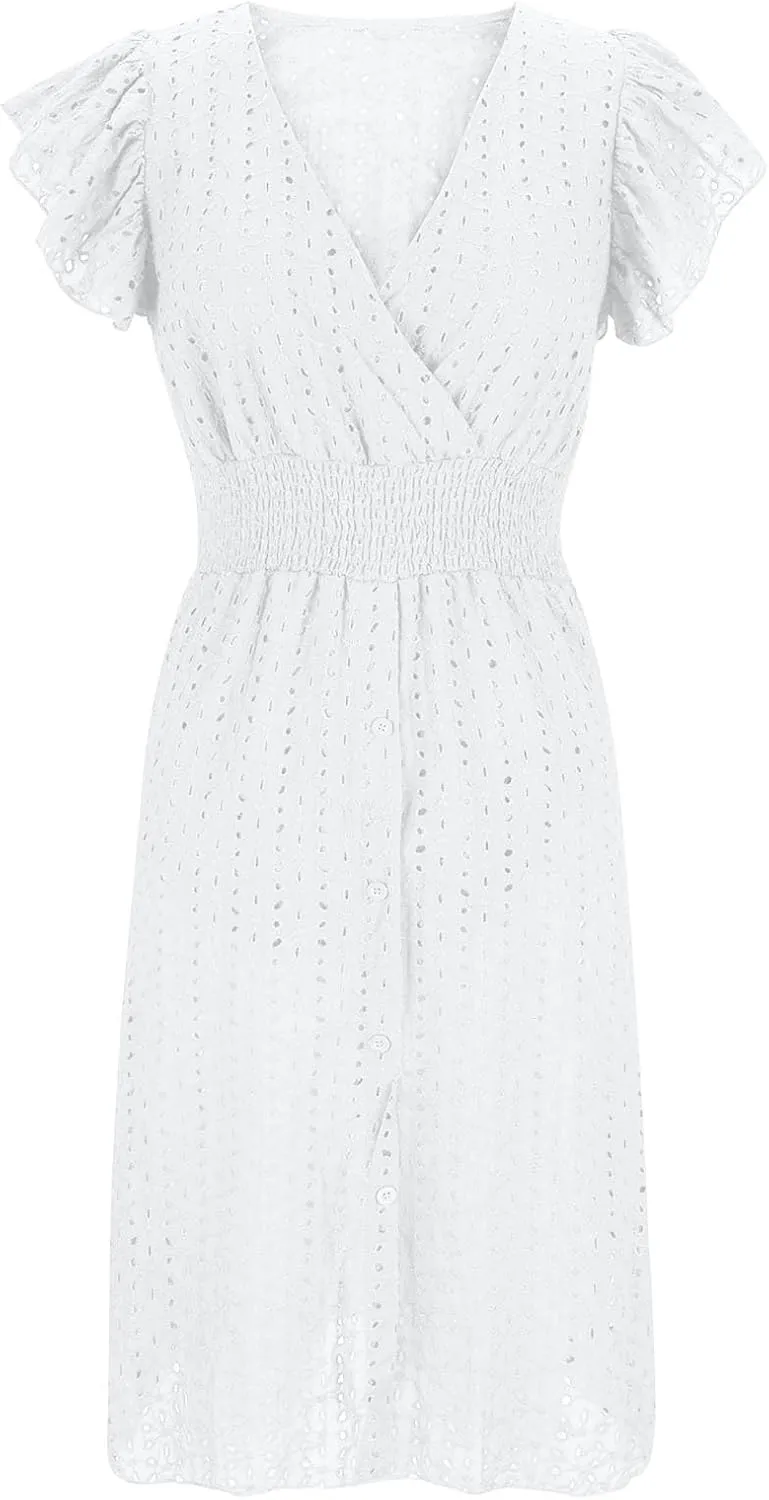 Binmer Women Summer Casual Sleeveless Dress Elastic Smocked Waist Wrap V Neck Sundress Hollow Out Eyelet Swing Beach Dresses