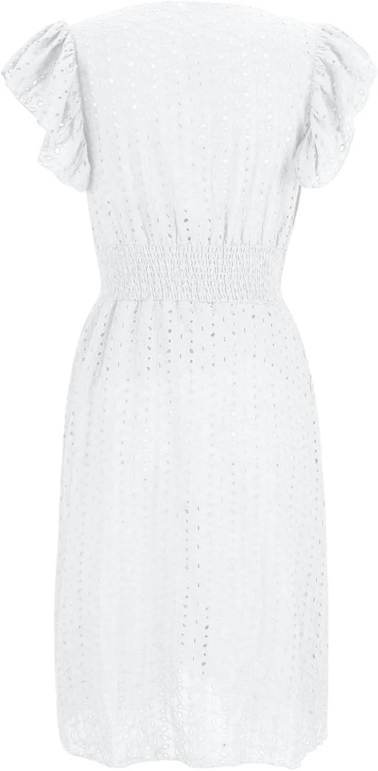Binmer Women Summer Casual Sleeveless Dress Elastic Smocked Waist Wrap V Neck Sundress Hollow Out Eyelet Swing Beach Dresses