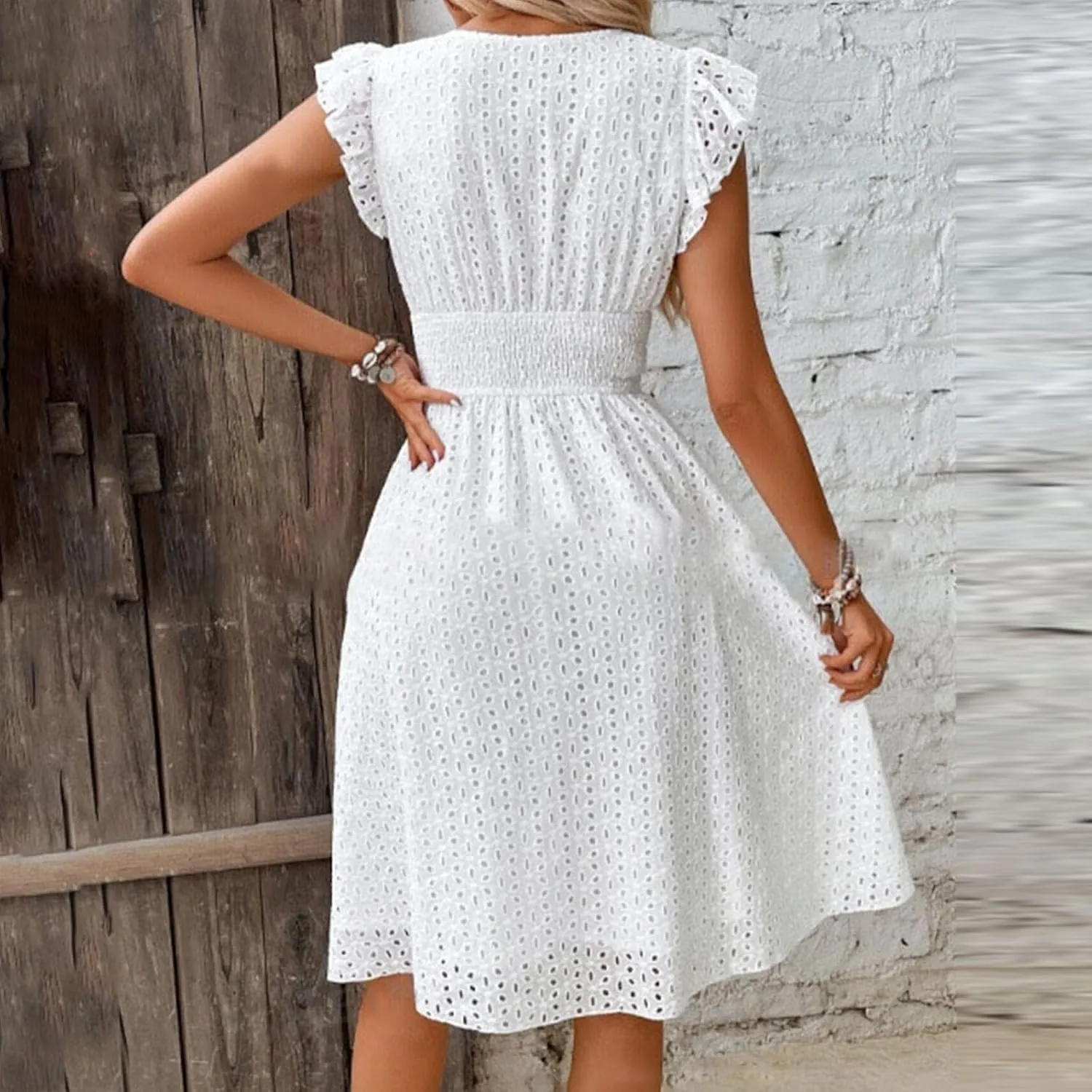 Binmer Women Summer Casual Sleeveless Dress Elastic Smocked Waist Wrap V Neck Sundress Hollow Out Eyelet Swing Beach Dresses