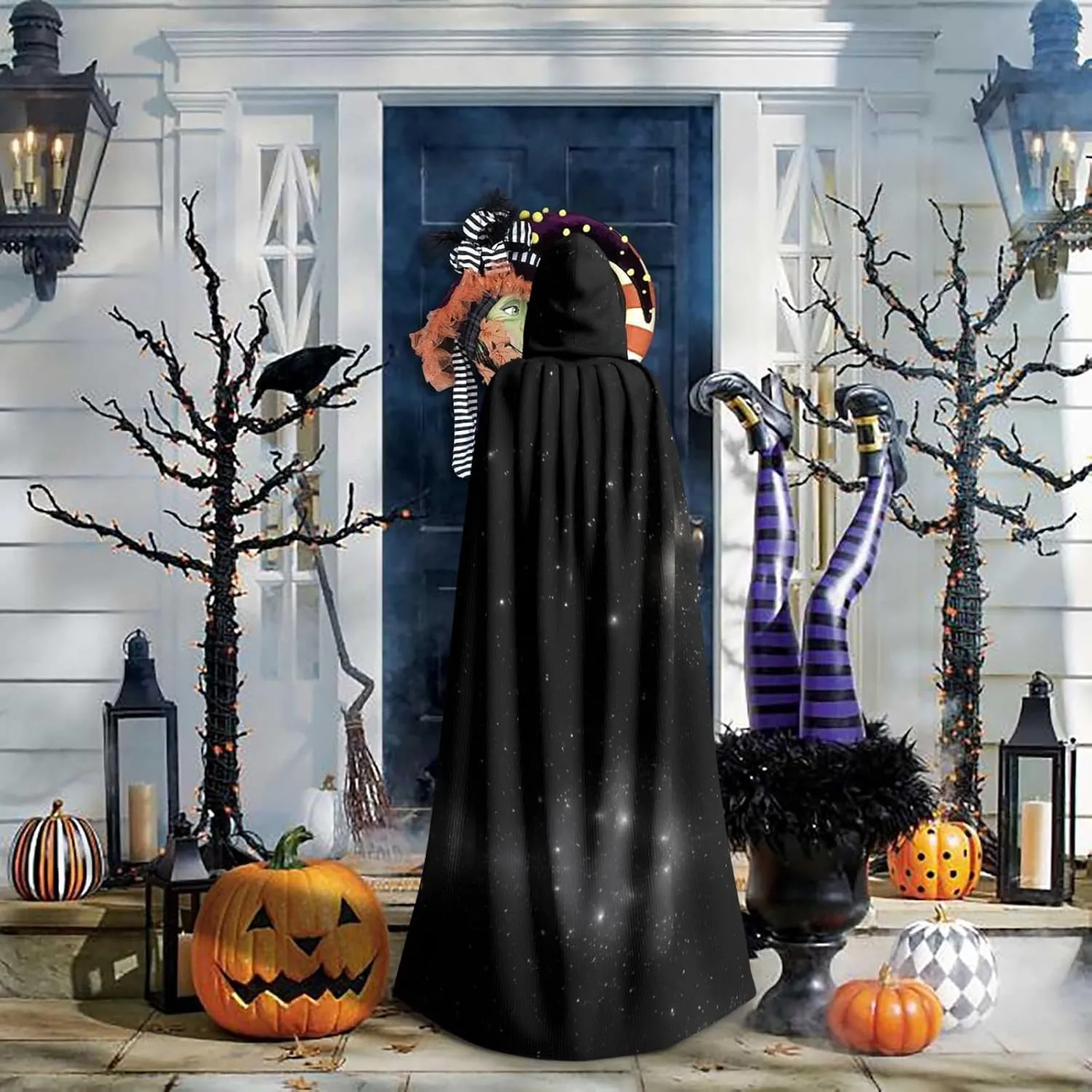 Black And White Galaxy Hooded Cloak  Printed Cloak Cape  Long Cloak For Halloween, Costume Parties, And Cosplays